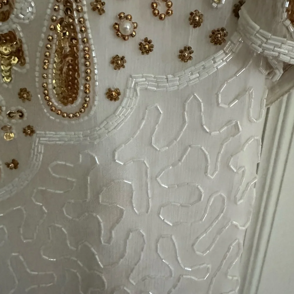 Vintage Lawrence Kazar Silk Beaded Sequined White And Gold Evening Dress Size L - Picture 6 of 7